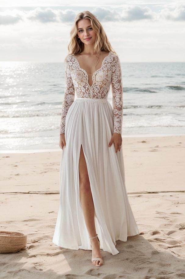 A-Line Court Train Lace Chiffon Wedding Dress CW3519 - COCOMELODY